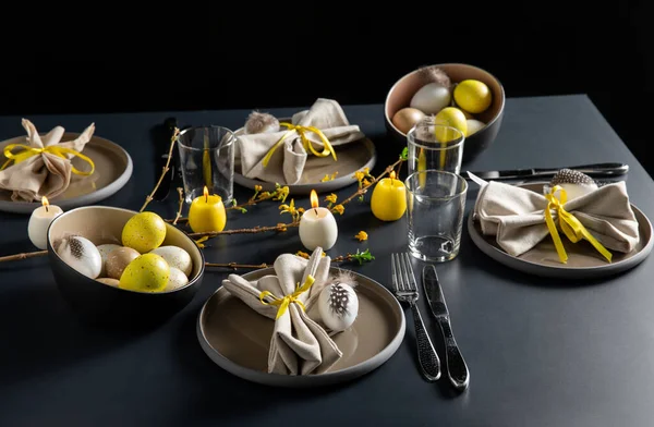 Close up of easter table serving over black — Stock Photo, Image