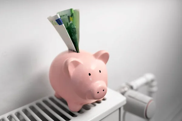 Spaarvarken bank met geld op radiator thuis — Stockfoto