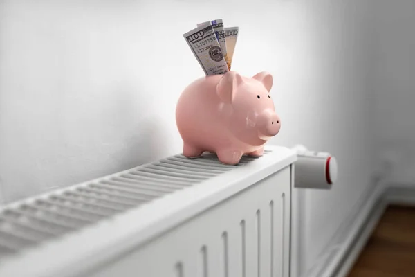 Spaarvarken bank met geld op radiator thuis — Stockfoto