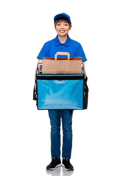 Delivery woman with thermal insulated bag — Stock Photo, Image