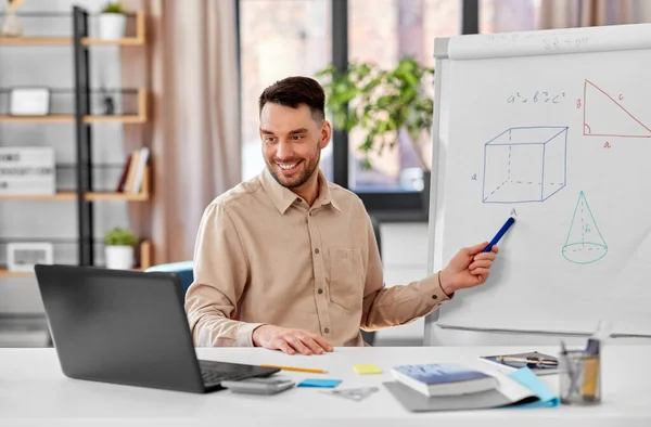 Math teacher with laptop has online class at home — Stock Photo, Image