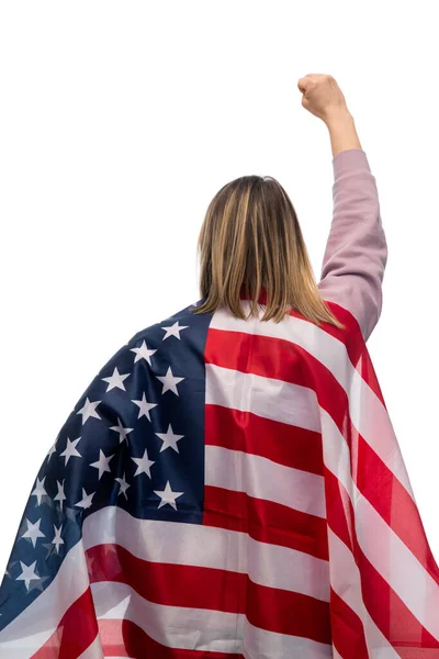 Woman with flag of america on demonstration — ストック写真