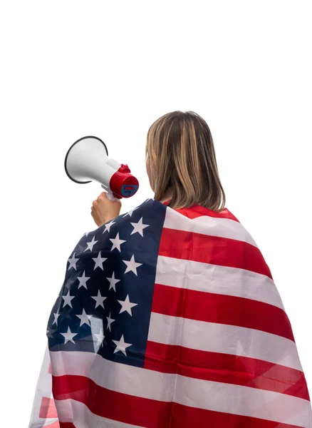 Жінка з мегафоном і прапором об'єднаних держав — стокове фото