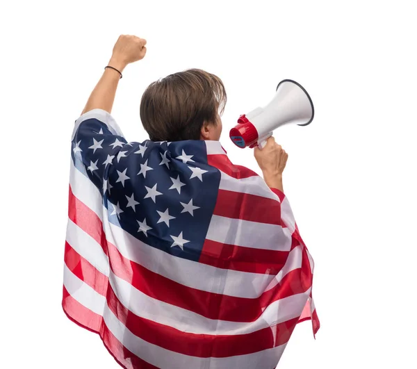 Man with megaphone and flag of united states — ストック写真