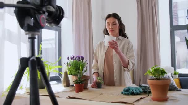 Donna felice o blogger piantare fiori a casa — Video Stock