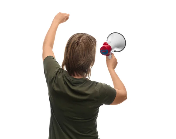 Woman with megaphone protesting on demonstration — Foto de Stock