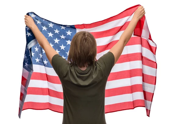アメリカの国旗を持つ女性は — ストック写真