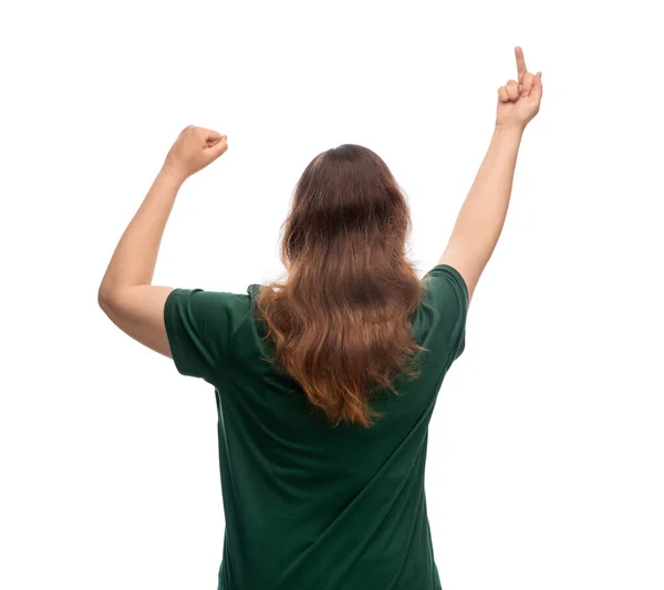 Woman showing middle finger on demonstration — Stock Photo, Image