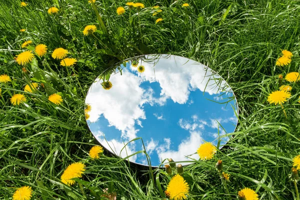 Hemelreflectie in ronde spiegel op zomerveld — Stockfoto