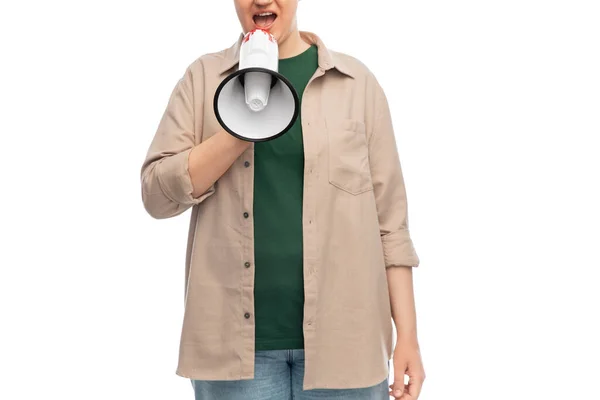 Woman with megaphone protesting on demonstration — Stockfoto