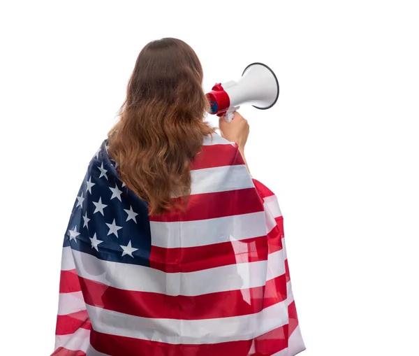 Woman with megaphone and flag of united states — Stockfoto