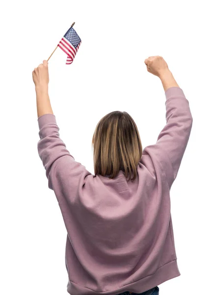 Жінка з прапором Америки на демонстрації — стокове фото