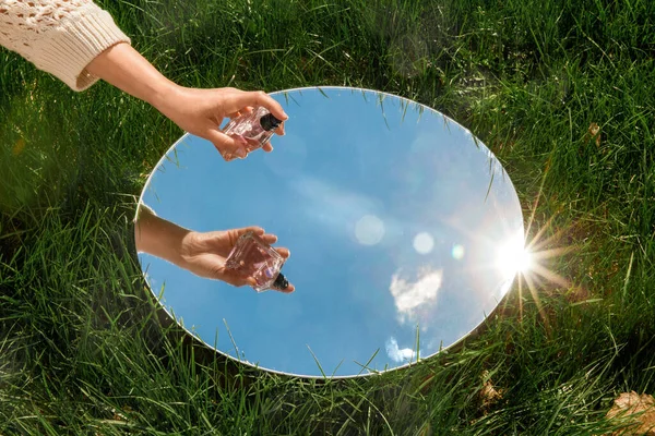 Perfumery Nature Concept Hand Bottle Perfume Sky Reflection Mirror Summer — Stock Photo, Image