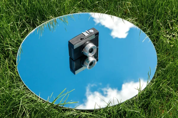 Photography Nature Concept Camera Blue Sky Reflection Mirror Grass — Stock Photo, Image