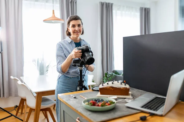 Blogging Profession People Concept Happy Smiling Female Food Photographer Camera — Stock Photo, Image