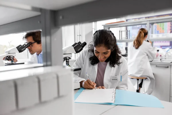 科学研究 工作和人的概念 国际快乐科学家小组 显微镜在实验室工作 — 图库照片