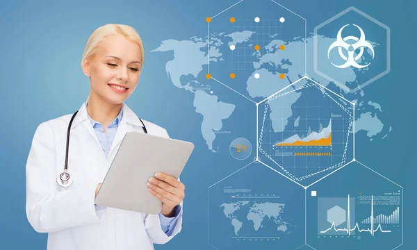 ヘルスケア テクノロジー 医療の概念 青の背景に統計表と世界地図上のタブレットPcと笑顔の女性医師 — ストック写真