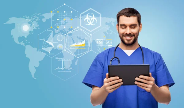 Medicine Healthcare Technology Concept Happy Smiling Doctor Male Nurse Blue — Stock Photo, Image