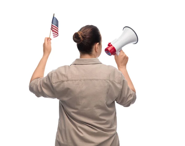 Independence Day Patriotic Human Rights Concept Woman Megaphone Flag United — Stok Foto