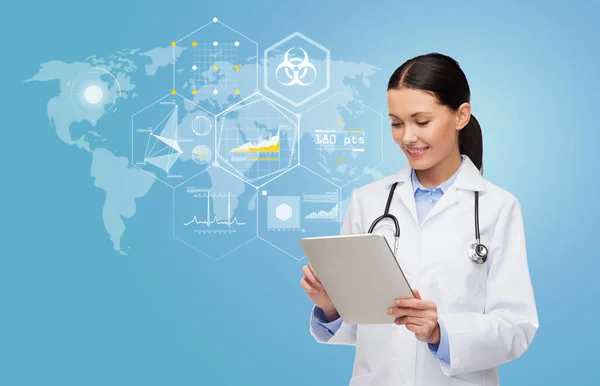 Healthcare Technology Medicine Concept Smiling Female Doctor Tablet Computer Statistics — Stock Photo, Image