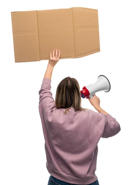 Feminism Human Rights Concept Woman Poster Megaphone Protesting Demonstration White — Zdjęcie stockowe
