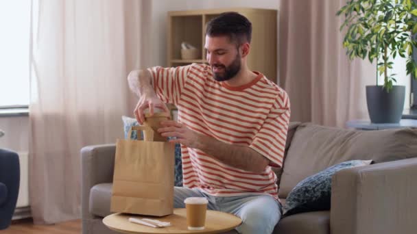 Consumption Delivery People Concept Smiling Man Chopsticks Eating Takeaway Food — Vídeo de Stock
