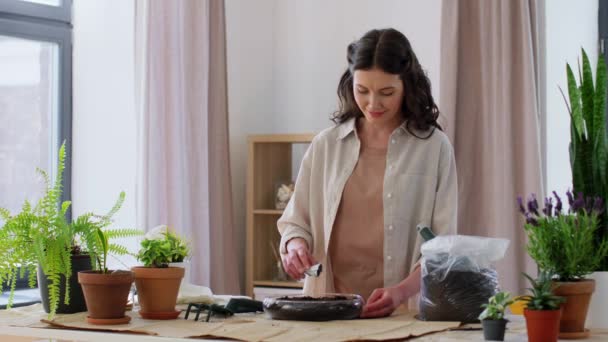 Mensen Tuinieren Huishoudelijk Werk Concept Gelukkige Vrouw Planten Van Bloemen — Stockvideo