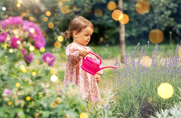 Childhood Leisure People Concept Happy Little Baby Girl Watering Can — Stock Photo, Image