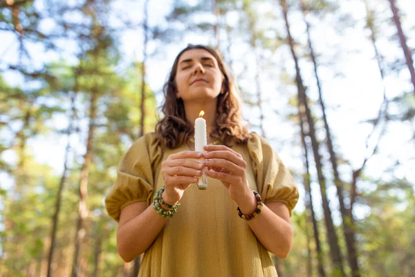 Occult Science Supernatural Concept Woman Witch Candle Performing Magic Ritual — Stock Photo, Image