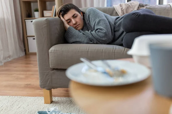 Mental Health Psychological Problem Depression Concept Stressed Woman Lying Sofa — Fotografia de Stock