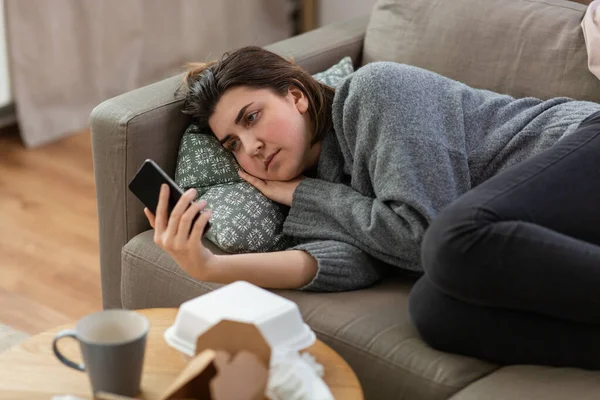Mental Health Psychological Help Depression Concept Stressed Woman Smartphone Lying — Stock fotografie
