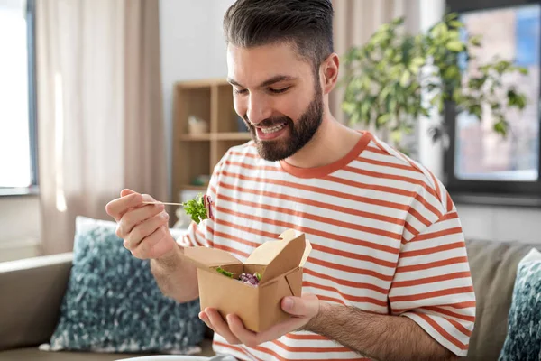 Consumption Delivery People Concept Smiling Man Fork Knife Eating Takeaway — Foto de Stock