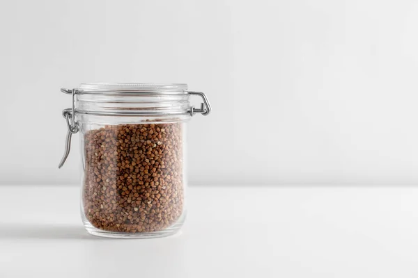 Makanan Makanan Sehat Dan Konsep Diet Jar Dengan Buckwheat Latar — Stok Foto