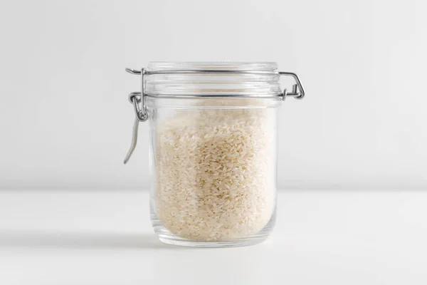 Comida Alimentación Saludable Concepto Dieta Frasco Con Arroz Sobre Fondo — Foto de Stock