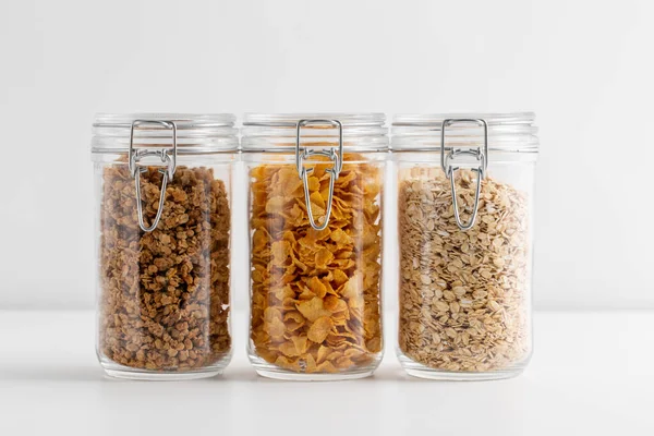 Voeding Gezond Eten Dieet Concept Potten Met Haver Cornflakes Granola — Stockfoto