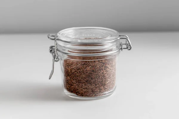 Food Storage Healthy Eating Diet Concept Close Jar Flax Seeds — Stock Photo, Image