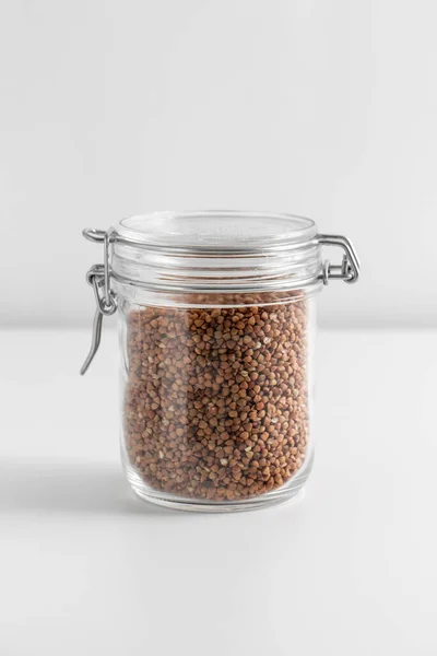 Food Storage Healthy Eating Diet Concept Jar Buckwheat White Background — ストック写真