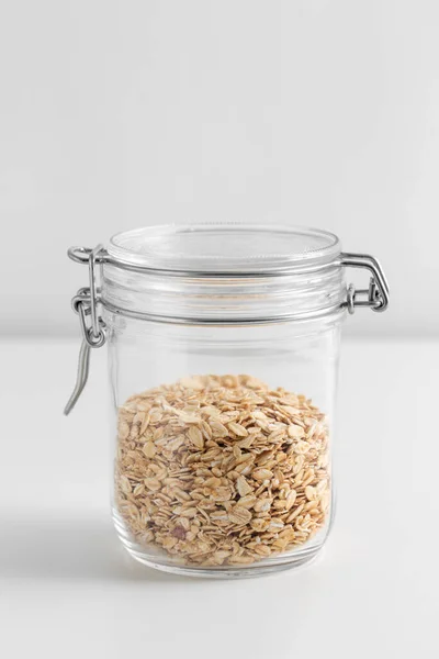 Food Storage Healthy Eating Diet Concept Jar Oat Flakes White — Photo