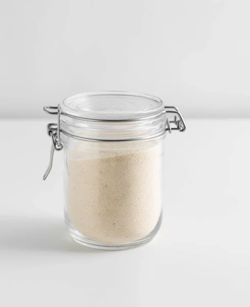 Food Storage Eating Cooking Concept Jar Semolina White Background —  Fotos de Stock