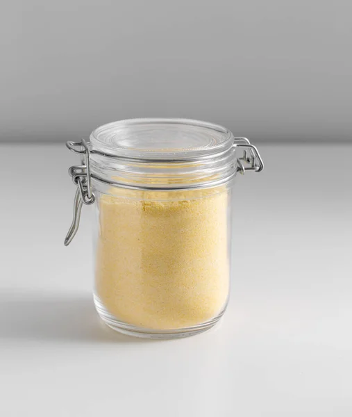 Food Storage Eating Cooking Concept Jar Corn Flour White Background — Stock Photo, Image