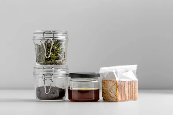 Food Healthy Eating Diet Concept Jars Dried Herbs Tea Honey — Stockfoto