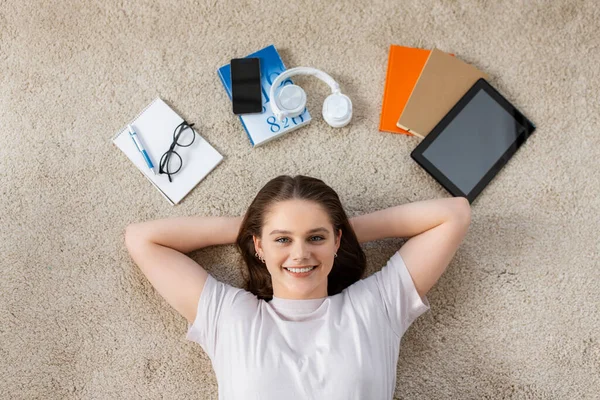 School Education People Concept Happy Smiling Student Girl Books Gadgets — Stock Photo, Image