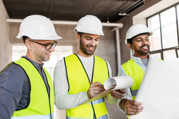 Architecture Construction Business People Concept Male Architects Helmets Clipboard Discussing — Stock Photo, Image