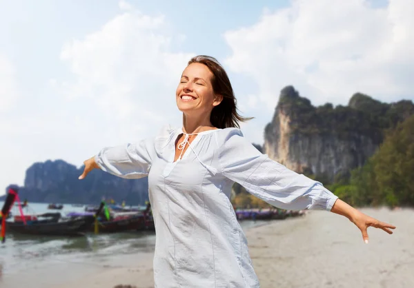 Travel Tourism Vacation Concept Happy Smiling Woman Tropical Beach Background — Photo