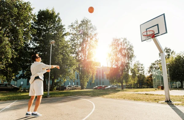 Sport Leisure Games People Concept Young Man Playing Basketball Outdoor — Stock Photo, Image