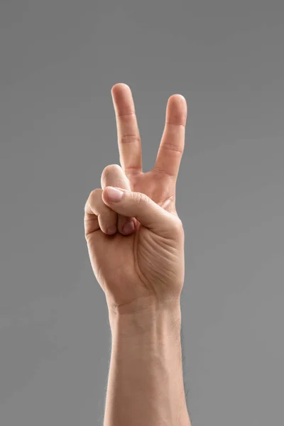Gesture Count People Concept Close Male Hand Showing Peace Grey — Photo
