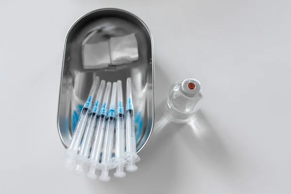 Medicine Vaccination Healthcare Concept Close Disposable Syringes Sterile Wipes Jar — ストック写真