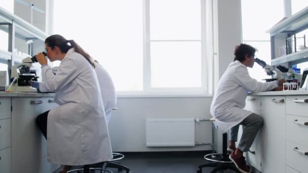 Concept Recherche Scientifique Travail Personnes Équipe Scientifiques Avec Microscopes Travaillant — Video