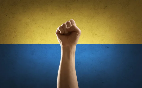 Dövüş Özgürlük Ulusal Konsept Arka Planda Ukrayna Bayrağı Üzerinde Hareketi — Stok fotoğraf