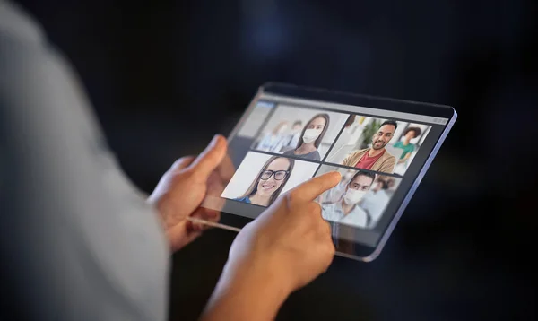 Business Communication Technology Concept Close Hands Transparent Tablet Computer Having — ストック写真